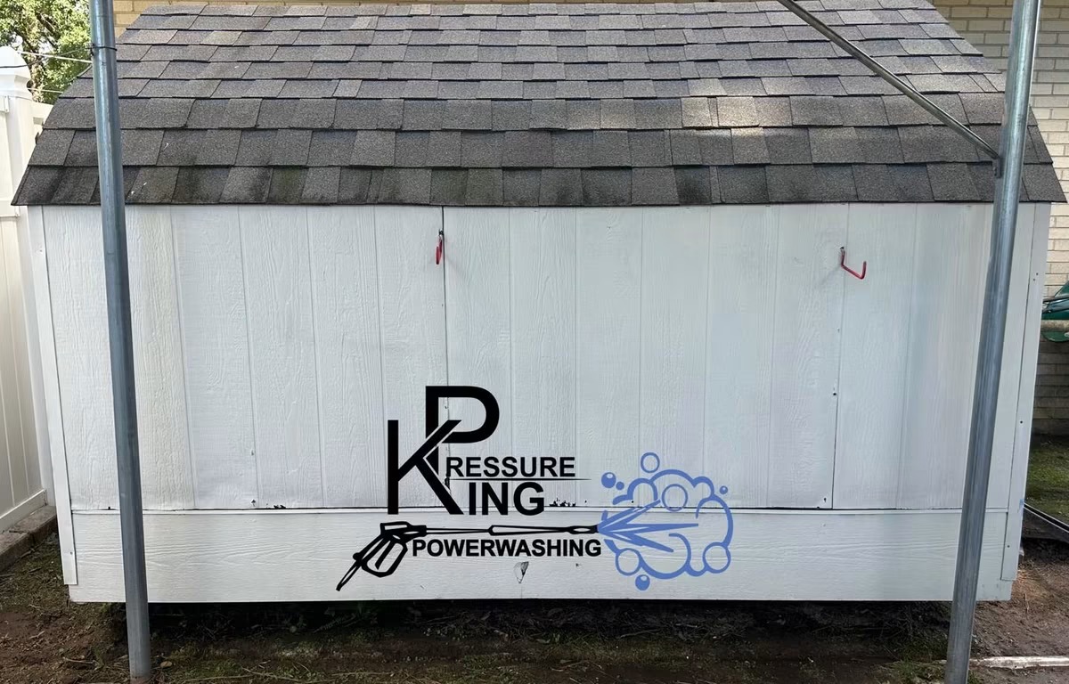Backyard shed after washing, siding and roof restored